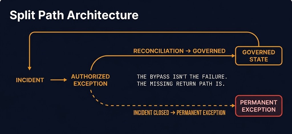configuration standards emergency changes — the bypass isn't the failure, the missing return path is
