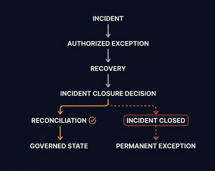 Emergency Reconciliation Gap lifecycle — governed path versus Permanent Exception path