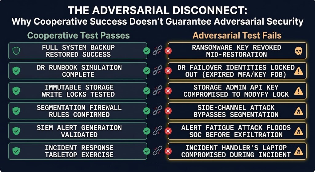 cooperative test passes vs adversarial test fails — restore testing failure mode matrix