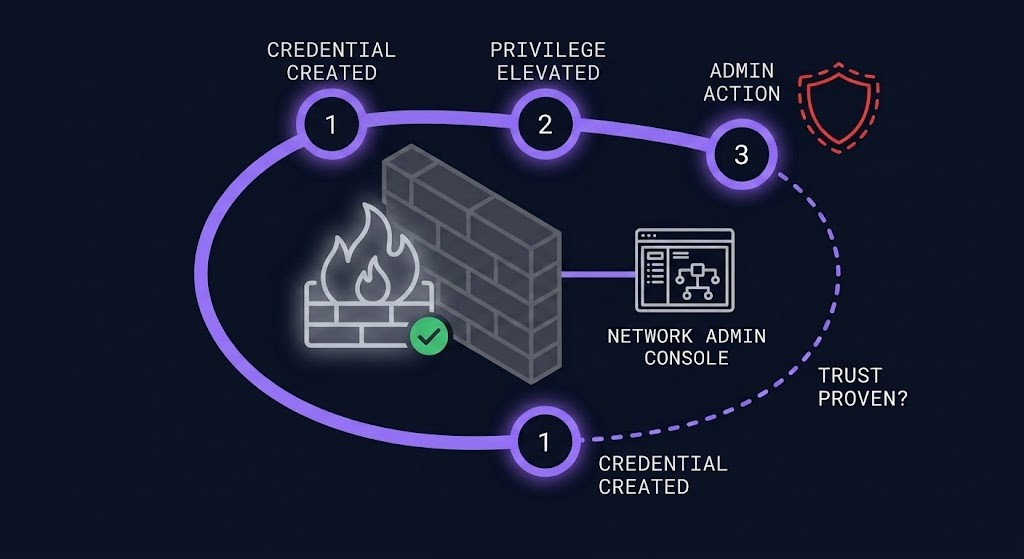 credential chain — attacker inheriting a valid identity path while firewall diagram stays intact