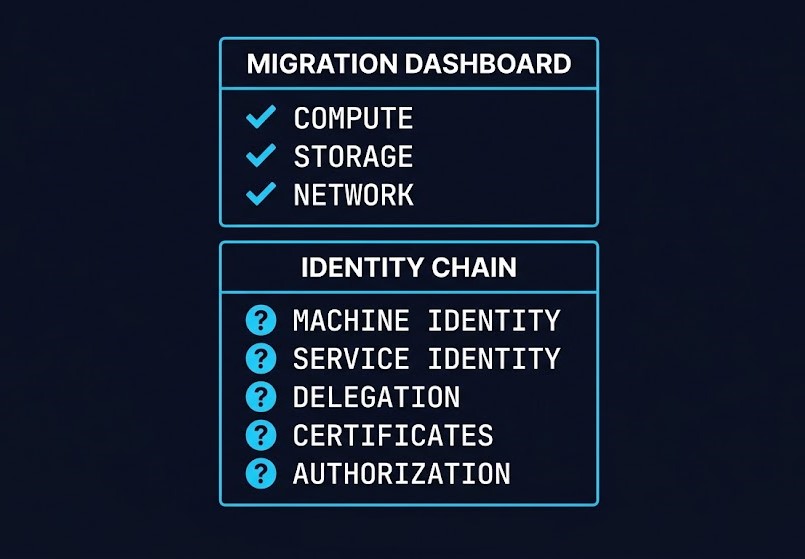 identity chain — migration dashboard proves compute, storage, network; identity chain status unverified