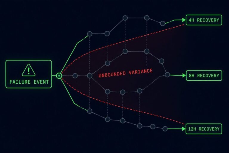 recovery determinism — one failure input fanning into three divergent recovery outcomes with a red variance band