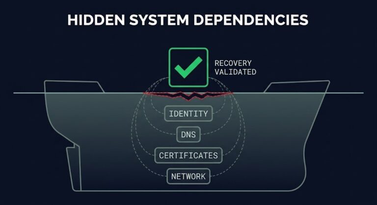 disaster recovery dependencies hidden below a successful failover — Identity, DNS, Certificates, Network