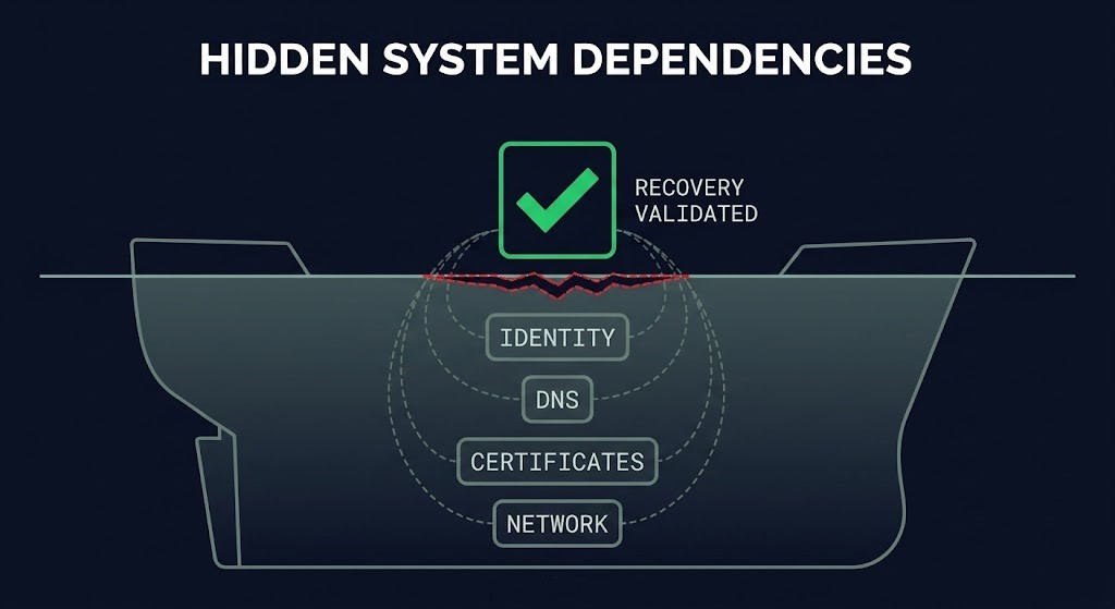 disaster recovery dependencies hidden below a successful failover — Identity, DNS, Certificates, Network