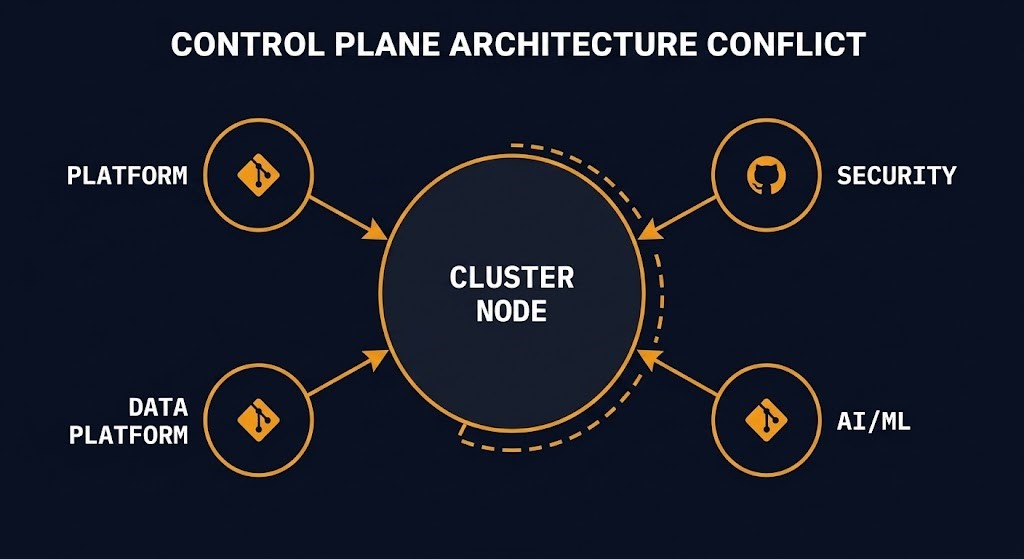 GitOps governance diagram showing four independent reconciliation loops converging on one shared cluster with no arbitration layer