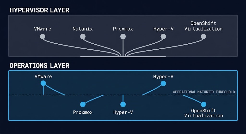 hypervisor commoditization — feature layer converging while operations layer diverges