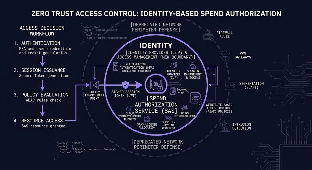 identity boundary inversion applied to spend authority — the boundary moves from network to identity to financial authorization