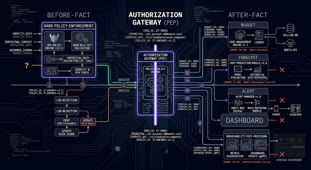 spend boundary containment test — budget, forecast, alert, and dashboard controls all failing to stop spend before authorization