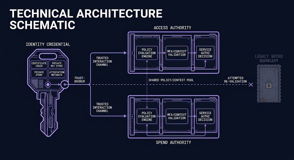 spend boundary — a single identity credential unlocking both an access gate and a spend gate with no separation between them