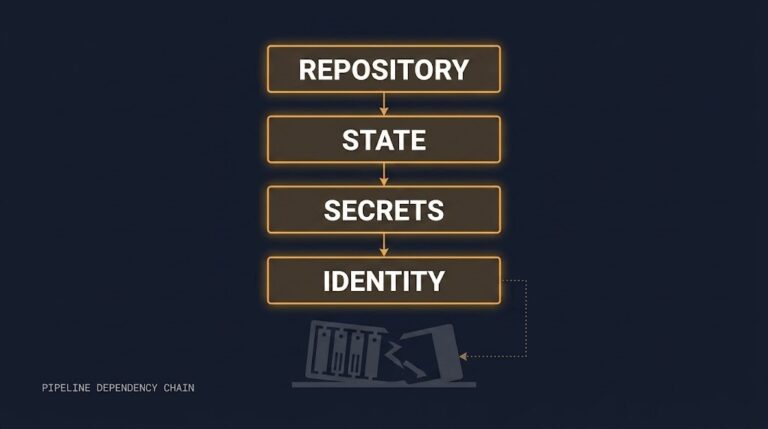 Infrastructure pipeline survivability dependency chain — repository, state, secrets, identity