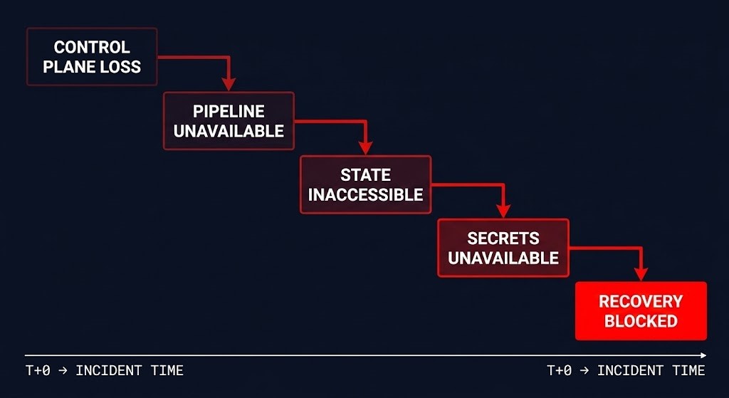 Pipeline Dependency Collapse failure chain from control plane loss to blocked recovery