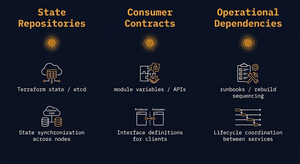 State gravity concentrates in three places — state repositories, consumer contracts, operational dependencies