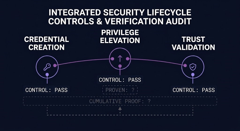 credential chain three stages — credential creation, privilege elevation, trust validation, control question versus architectural question