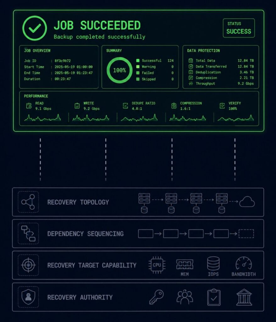 four places backup completion doesn't reach — topology, sequencing, target capability, authority