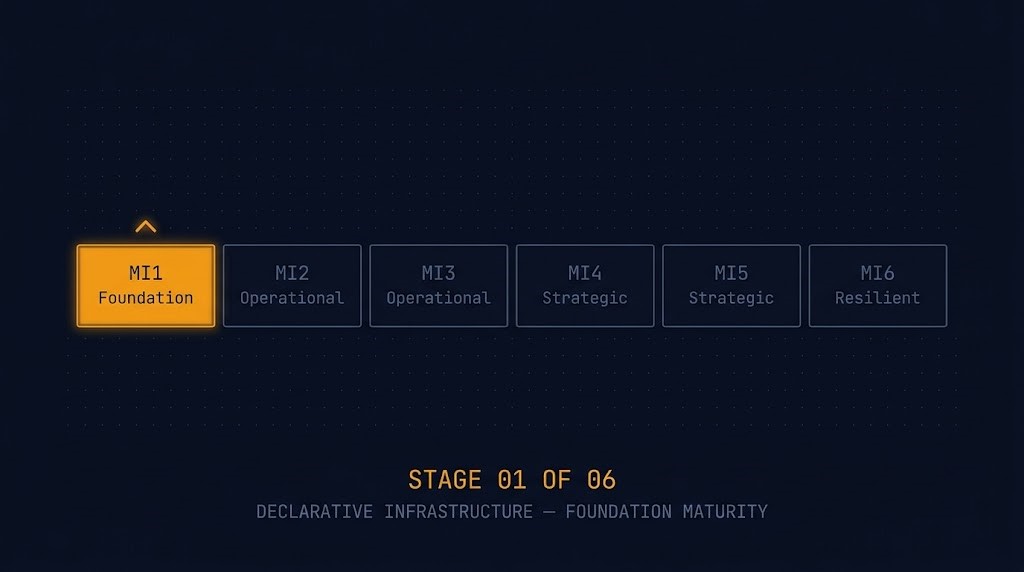 Modern Infrastructure & IaC Learning Path maturity spine — Declarative Infrastructure highlighted as Foundation stage MI1 of 6