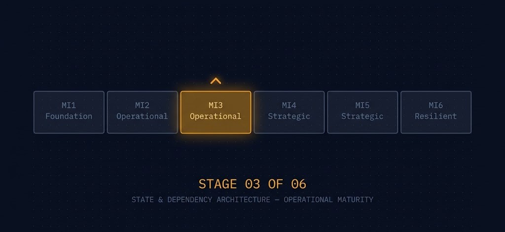 Modern Infrastructure & IaC Learning Path maturity spine — State & Dependency Architecture highlighted as Operational stage MI3 of 6