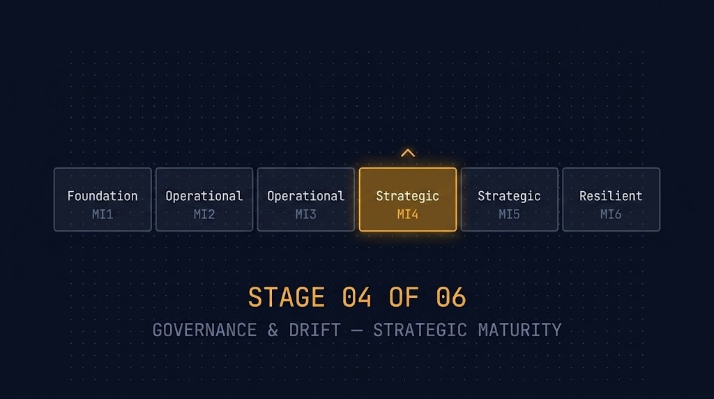 Modern Infrastructure & IaC Learning Path maturity spine — Governance & Drift highlighted as Strategic stage MI4 of 6