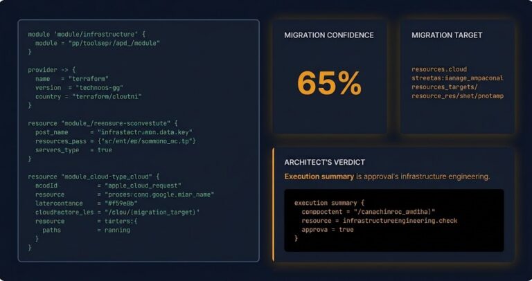 OpenTofu Readiness Bridge dashboard showing a Terraform HCL input panel on a dark background, a Migration Confidence score card, a Migration Target indicator, and an Architect's Verdict panel listing a detected ephemeral-block divergence with a corrected code snippet, all in amber-accented Modern Infrastructure & IaC styling