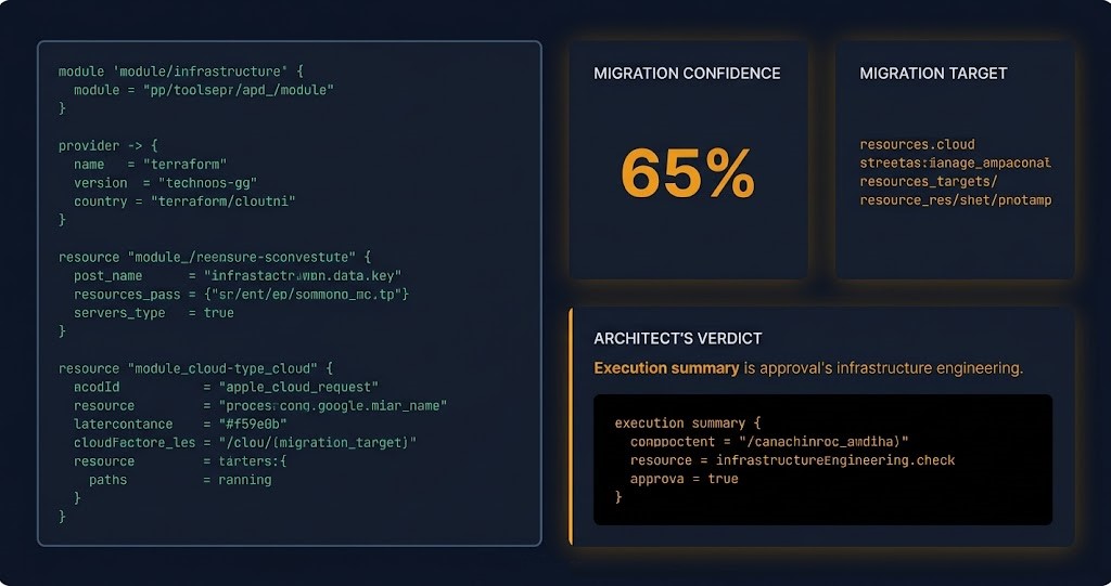 OpenTofu Readiness Bridge dashboard showing a Terraform HCL input panel on a dark background, a Migration Confidence score card, a Migration Target indicator, and an Architect's Verdict panel listing a detected ephemeral-block divergence with a corrected code snippet, all in amber-accented Modern Infrastructure & IaC styling