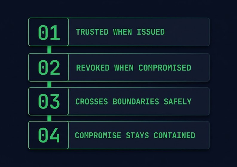 identity infrastructure boundary proof obligations — issuance, revocation, federation, containment