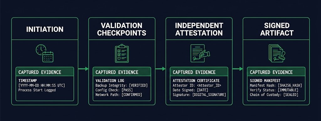 restore evidence — timestamped artifact chain proving a DR restore occurred