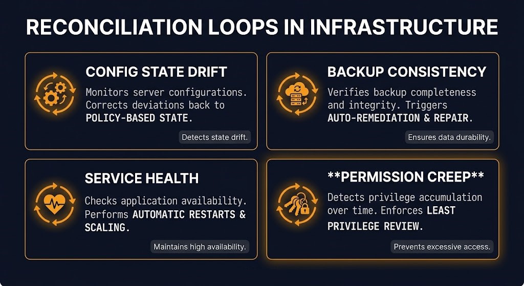 security drift domains mapped to countermeasures — reconciliation loops for patch, credential, permission, and exception baselines