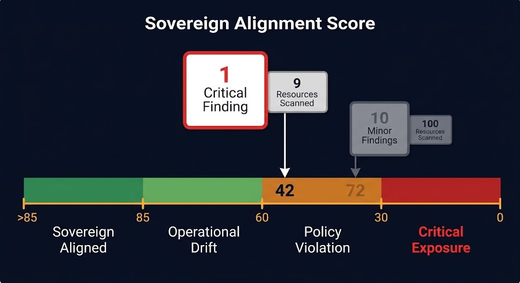 Weighted Sovereign Alignment Score showing Critical Exposure tier driven by finding severity, not resource count