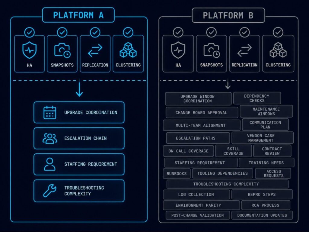 operational simplicity — two virtualization platforms compared by feature checklist vs. operational decision count