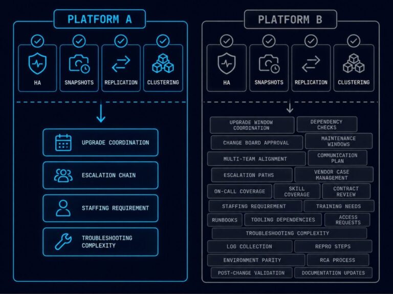operational simplicity — two virtualization platforms compared by feature checklist vs. operational decision count
