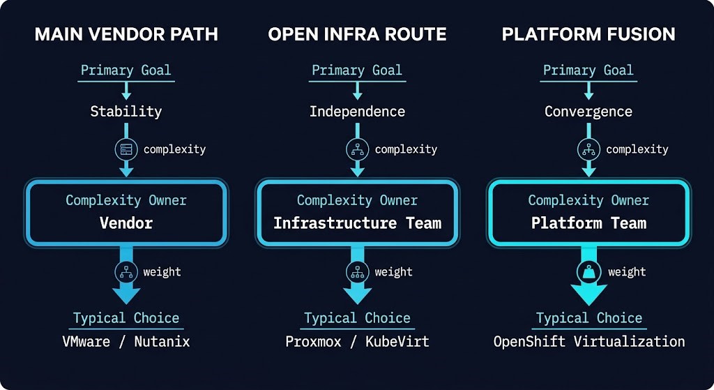 complexity owner comparison — Consolidator vendor, Replacer infrastructure team, Absorber platform team