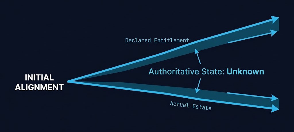 audit risk — diagram showing entitlement and estate diverging during an active VMware licensing dispute