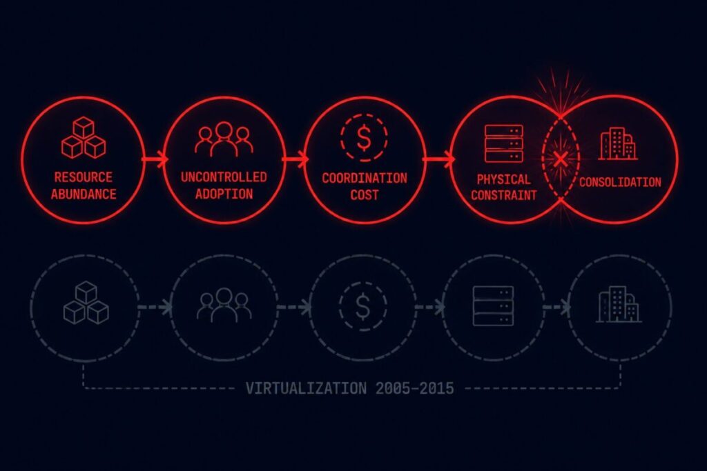 AI infrastructure consolidation — five-stage forcing-function sequence from resource abundance to unavoidable consolidation
