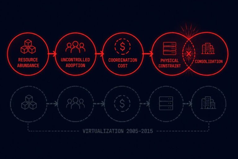 AI infrastructure consolidation — five-stage forcing-function sequence from resource abundance to unavoidable consolidation