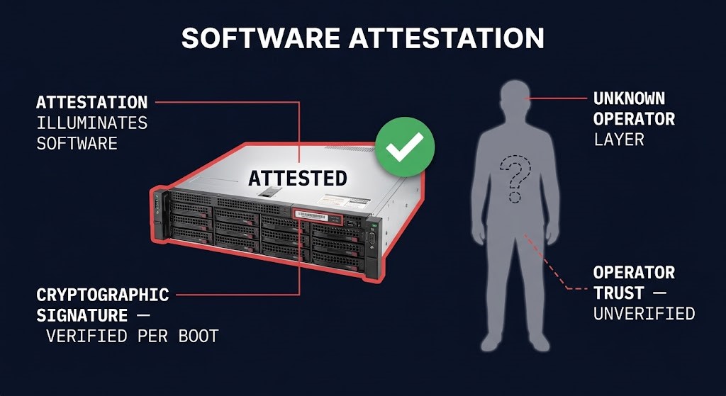 confidential computing attestation proves the software identity, not who operates the infrastructure behind it