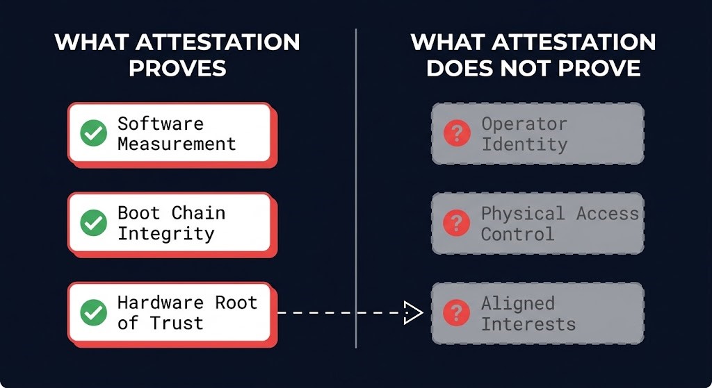two-column diagram showing what attestation proves versus what it does not prove