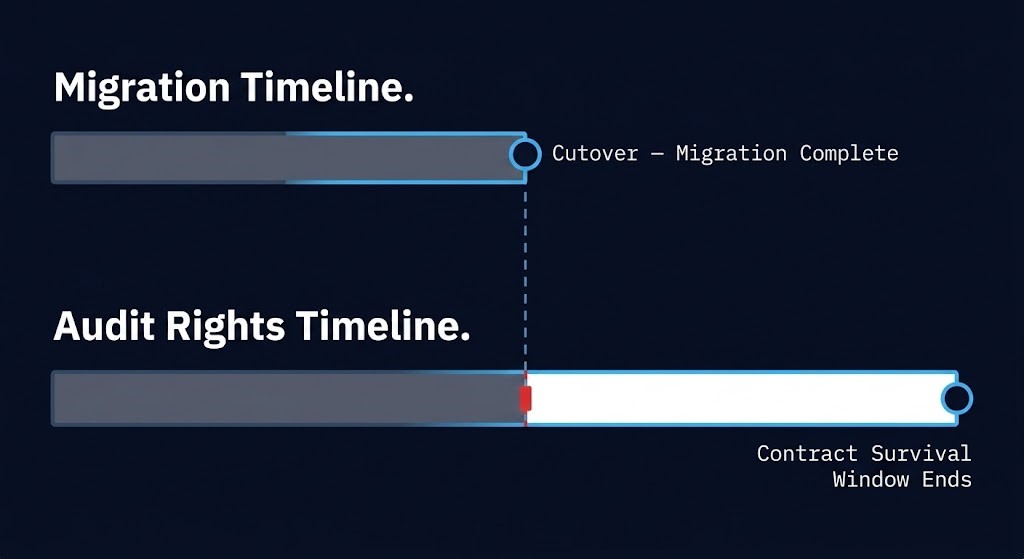 audit rights — two timelines showing migration cutover date vs. contractual audit-rights survival date extending past it