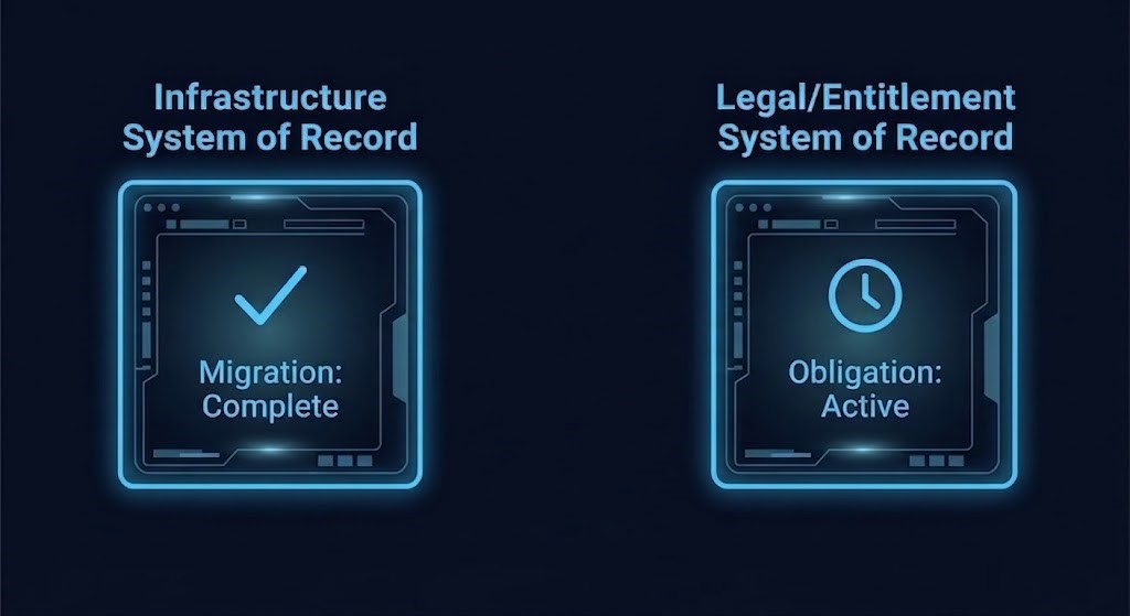 two clocks two owners — infrastructure team system of record vs legal entitlement system of record
