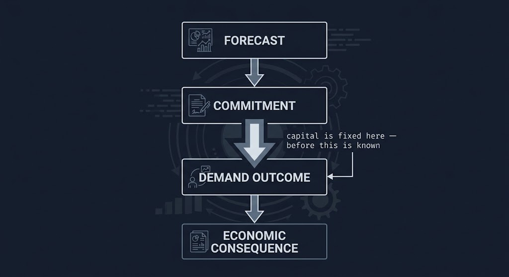 capacity you paid for — four-stage lifecycle showing commitment preceding demand outcome