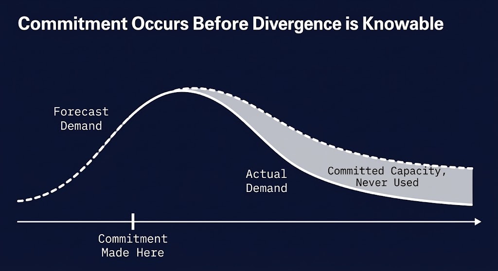 capacity you paid for — forecast peak diverging from actual demand, gap shaded as committed unrealized capital