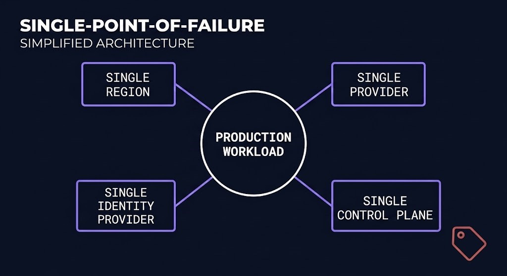 four concentrated dependency points in a typical cloud architecture — region, provider, identity, control plane