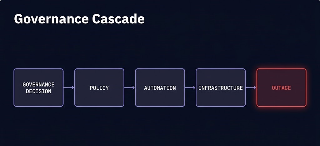 cloud governance failure domains — governance decision cascading into infrastructure outage