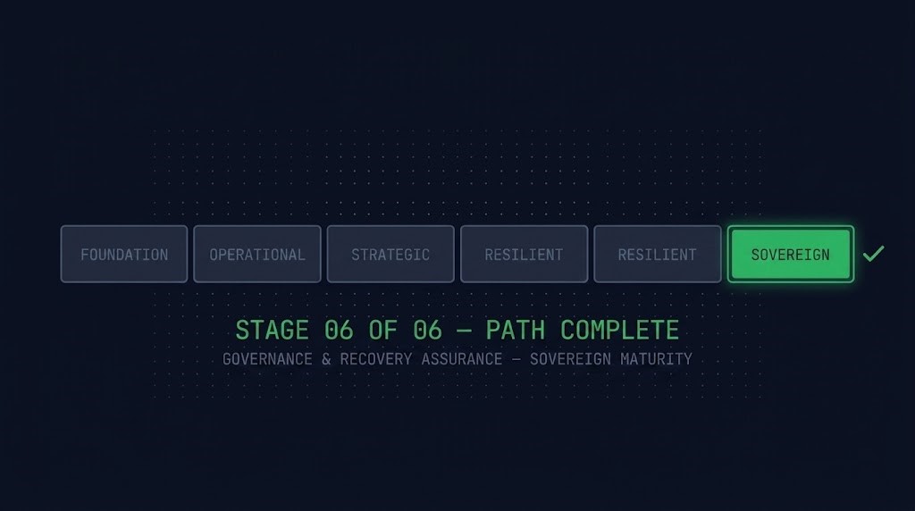 Data Protection & Resiliency Learning Path maturity spine — Governance & Recovery Assurance highlighted as Sovereign stage 6 of 6