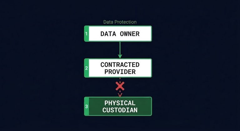 retrieve your data — three-layer chain showing the break between contracted provider and infrastructure custodian