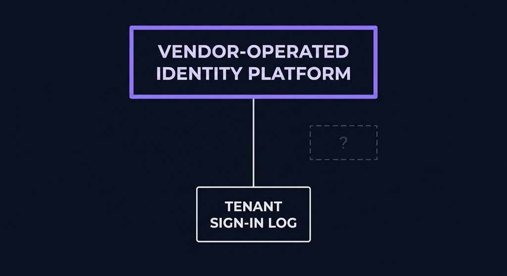 Diagram showing a customer's sign-in log rooted in the same vendor-operated platform whose exploitation claim changed, illustrating verification asymmetry