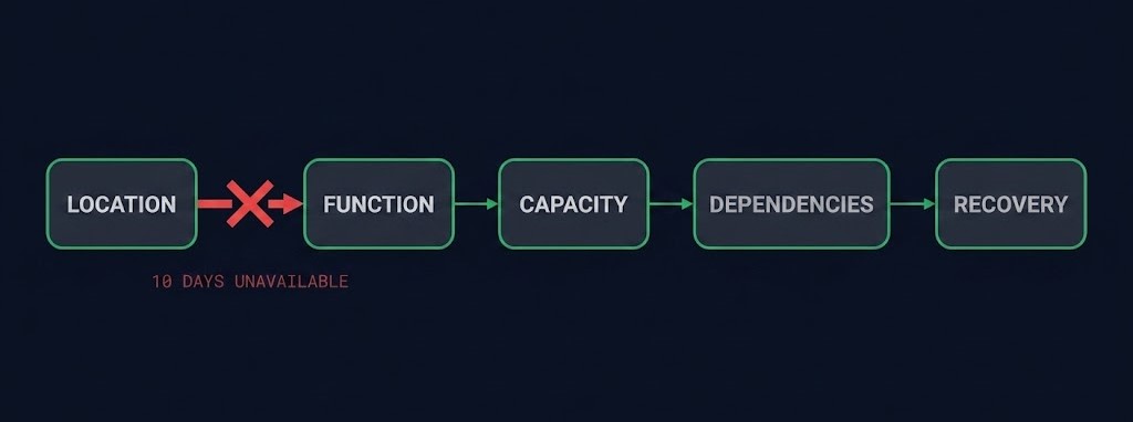 geographic redundancy — location-function-capacity-dependencies-recovery chain broken at the physical-access link