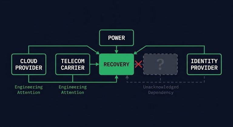 ransom payment ban — recovery dependency map showing a criminal counterparty as an unlabeled fifth dependency