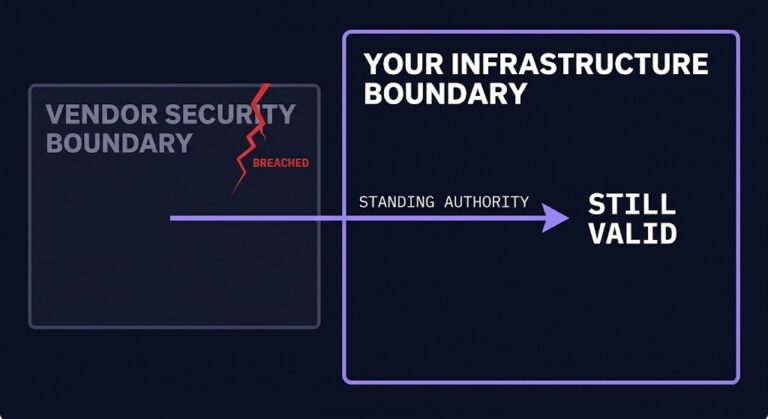 third-party cloud access — a client infrastructure boundary with a valid authority arrow still crossing in from a breached vendor perimeter