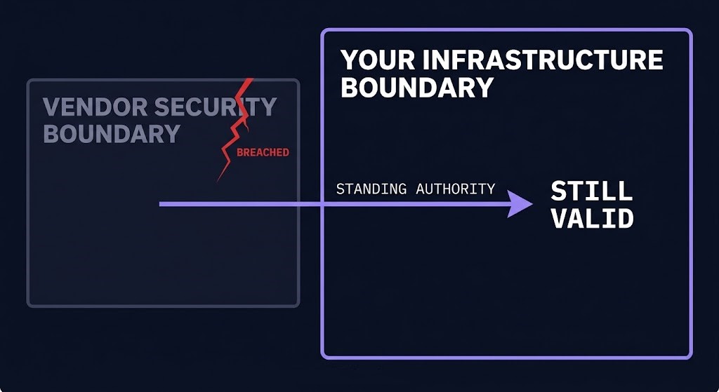 third-party cloud access — a client infrastructure boundary with a valid authority arrow still crossing in from a breached vendor perimeter
