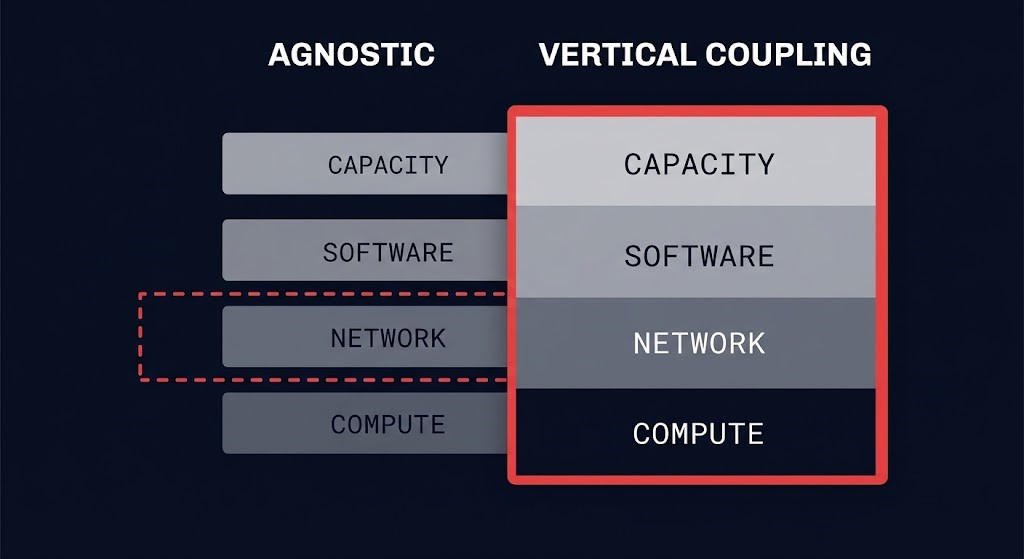 vertical integration — coupled AI stack vs. interchangeable stack layers