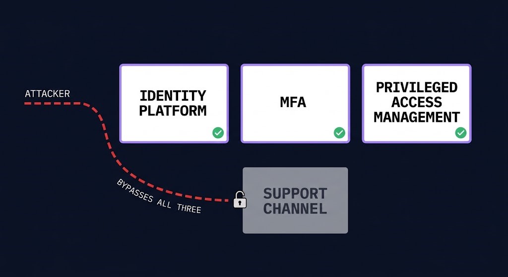Diagram showing help desk social engineering bypassing identity, MFA, and PAM systems